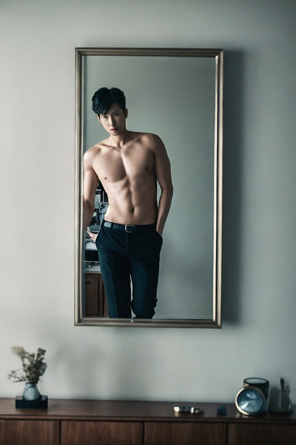 beautiful man taking a selfie in bedroom mirror