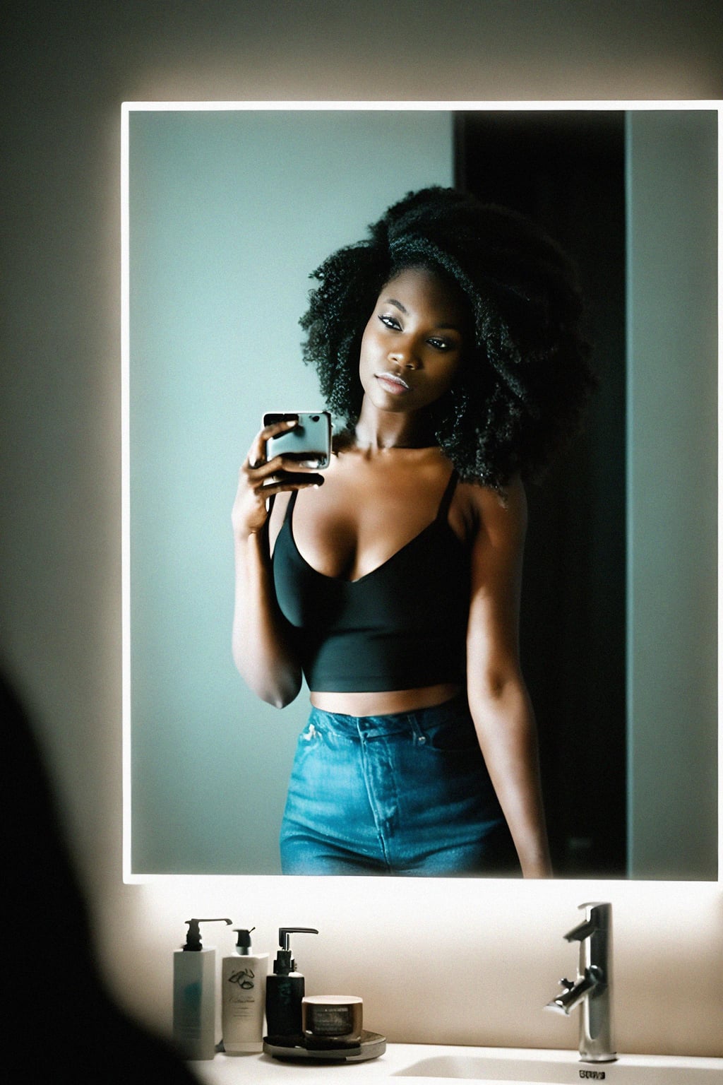 beautiful woman taking a selfie in bathroom mirror