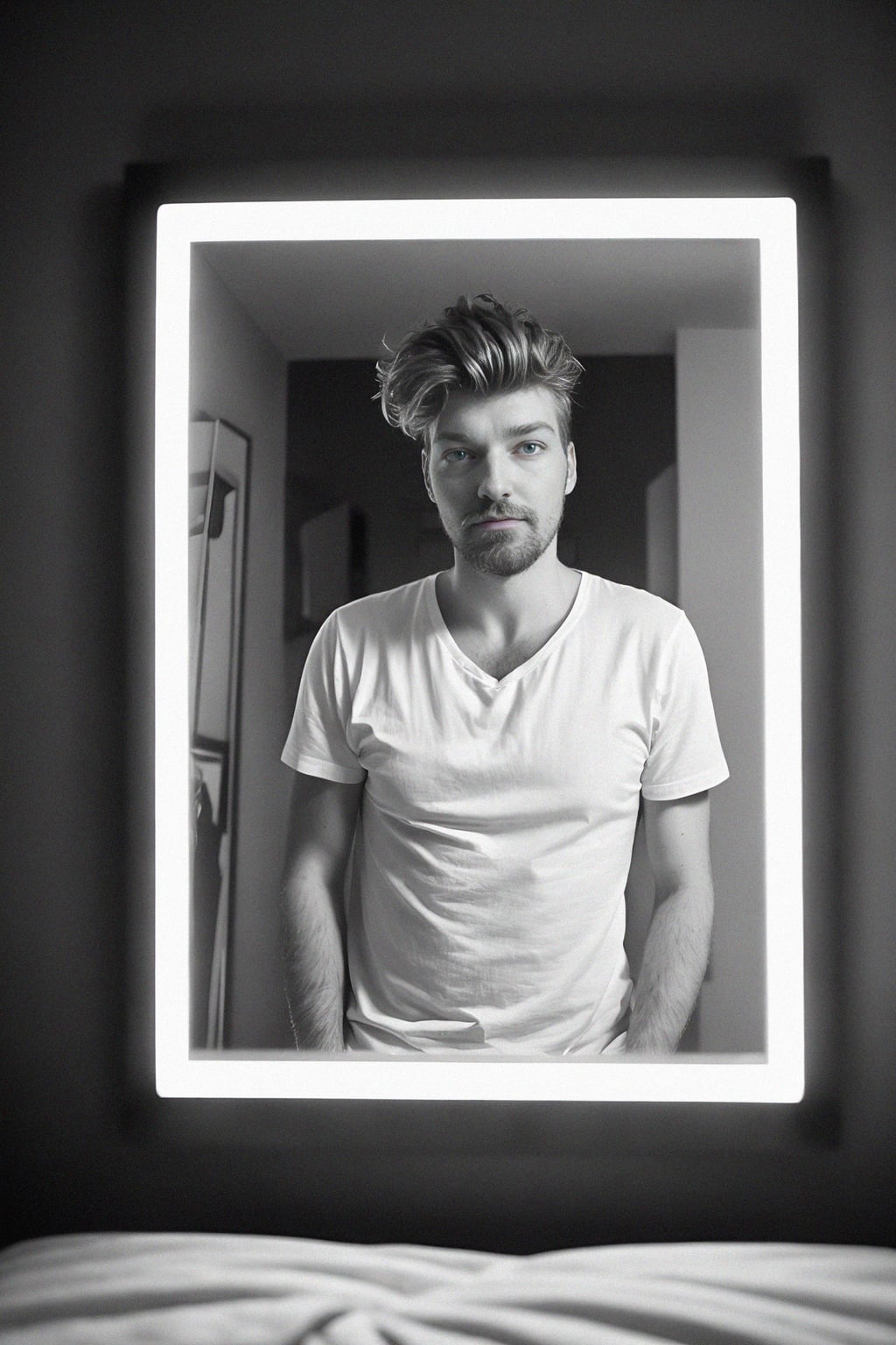 beautiful man taking a selfie in bedroom mirror