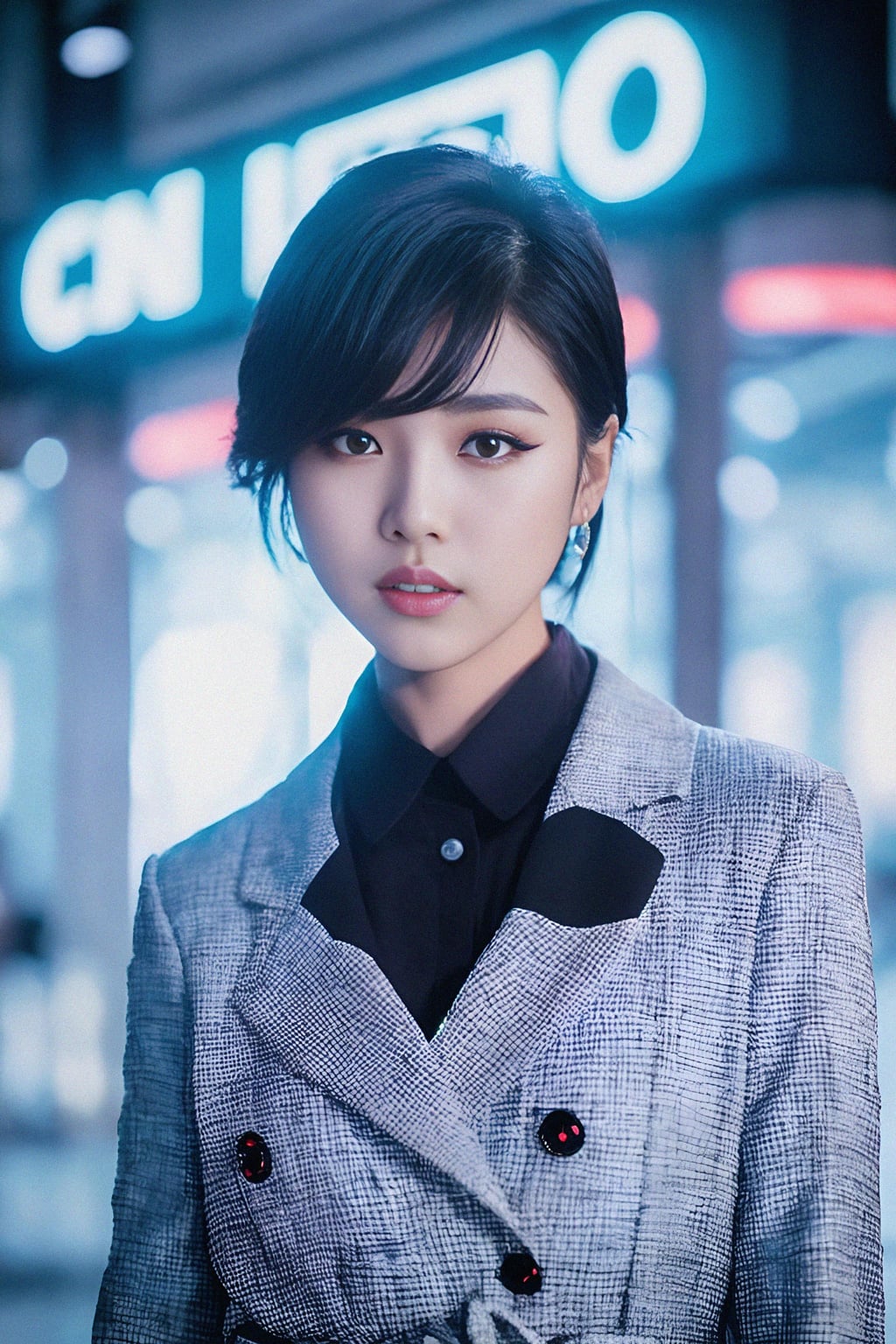 Korean woman (with black hair) (as korean kpop k-pop idol) posing for photo, wearing Korean clothes, Korean fashion, Korean fashion, Korean makeup, (in front of solid background)