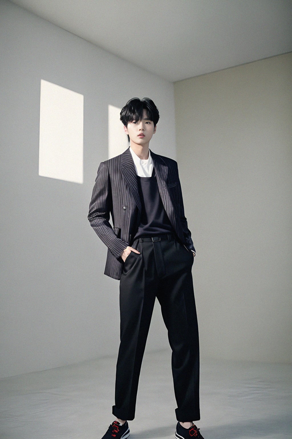 Korean man (with black hair) (as korean kpop k-pop idol) posing for photo, wearing Korean clothes, Korean fashion, Korean fashion, Korean makeup, (in front of solid background)