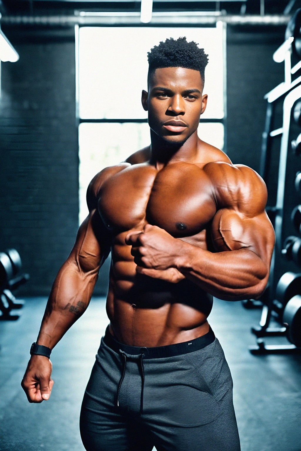 a fit male  man as fitness influencer flexing their muscles in the gym, capturing the sculpted physique and hard work