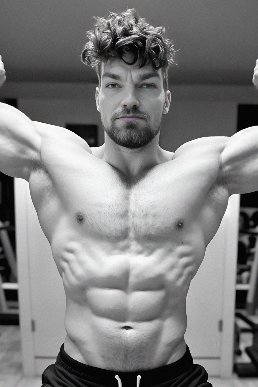 a fit male  man as fitness influencer flexing their muscles in the gym, capturing the sculpted physique and hard work