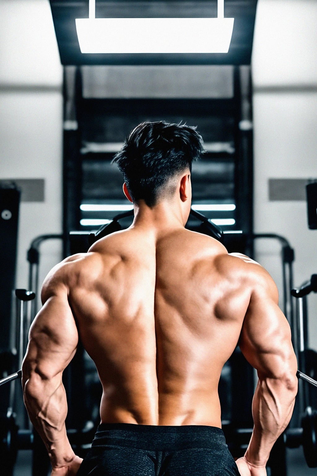 a fit male  man as fitness influencer showcasing their back muscles with a lat pulldown exercise in the gym