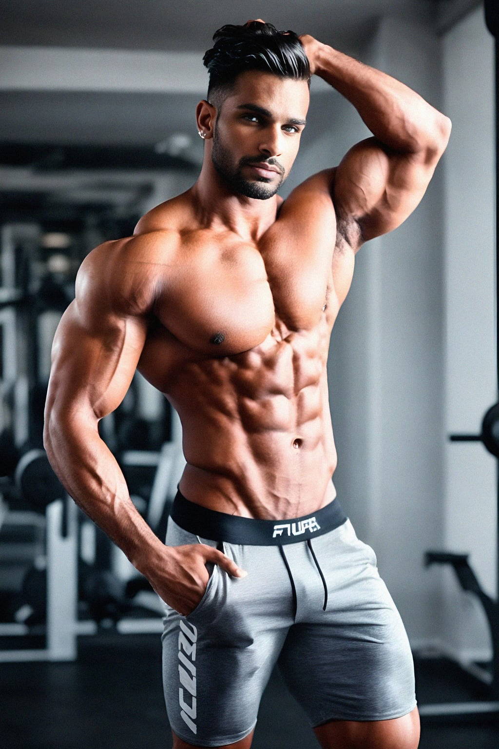 a fit male  man as fitness influencer flexing their muscles in the gym, capturing the sculpted physique and hard work