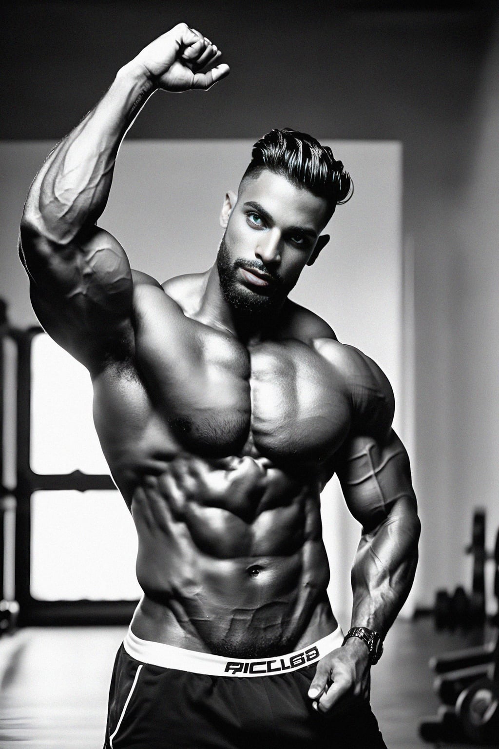 a fit male  man as fitness influencer flexing their muscles in the gym, capturing the sculpted physique and hard work
