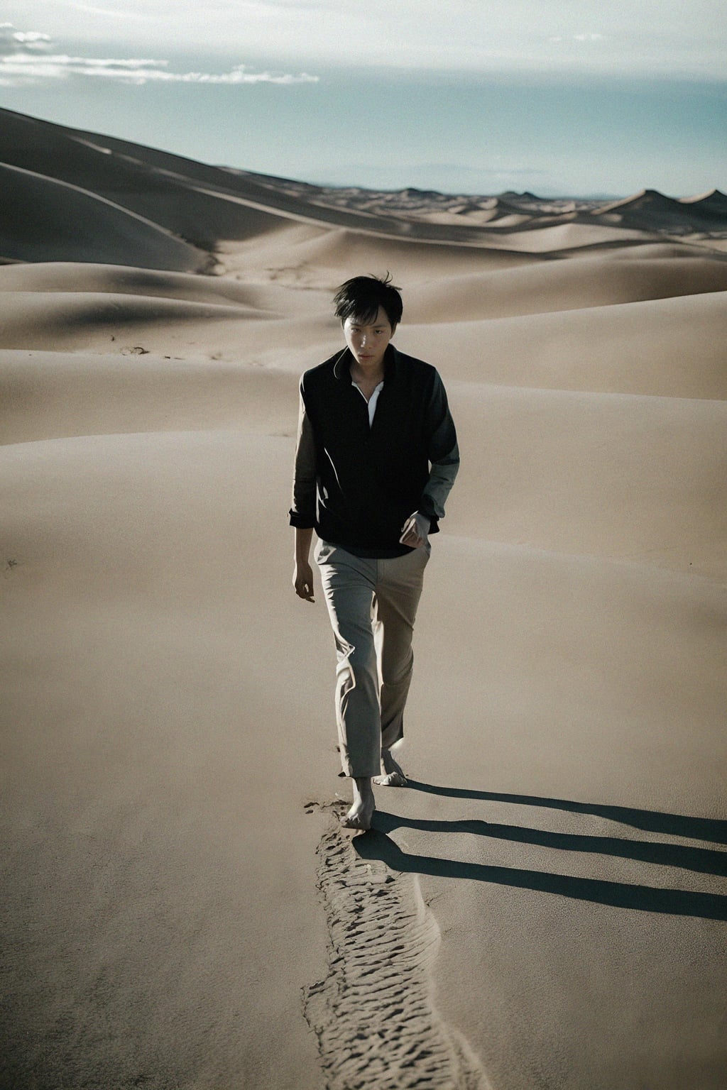 man walking barefoot along a sandy desert dune, connecting with the raw and vast expanse of nature