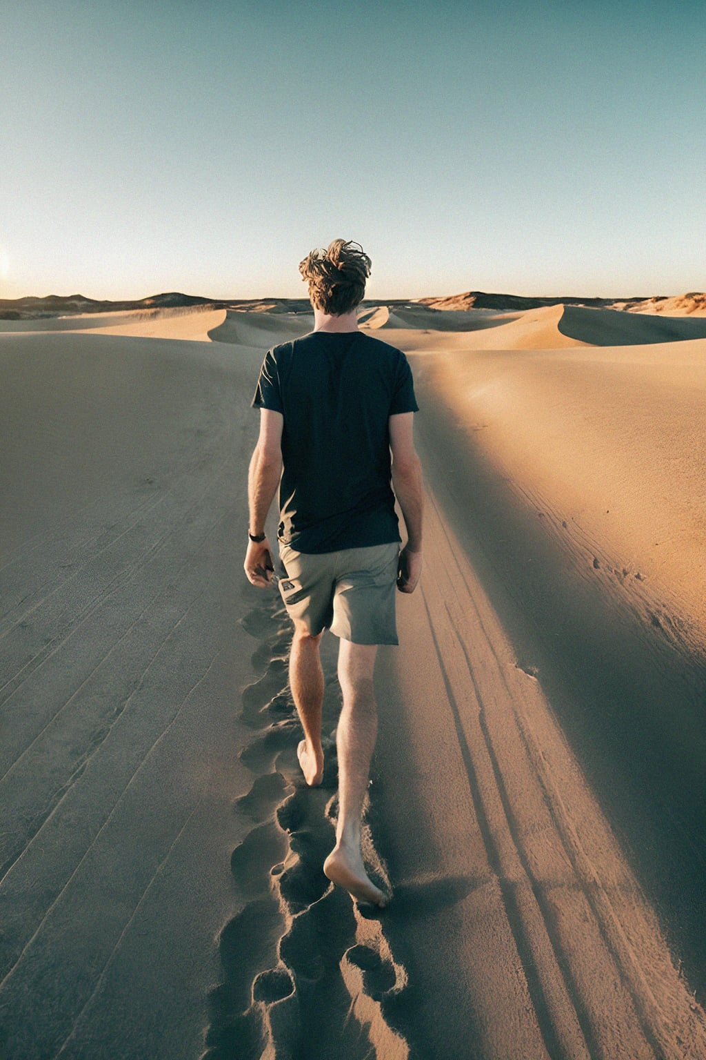 man walking barefoot along a sandy desert dune, connecting with the raw and vast expanse of nature