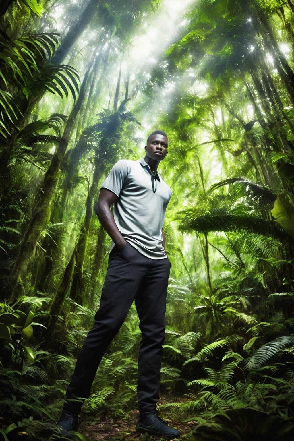 man exploring a dense jungle, with sunlight filtering through the canopy and creating a mystical ambiance