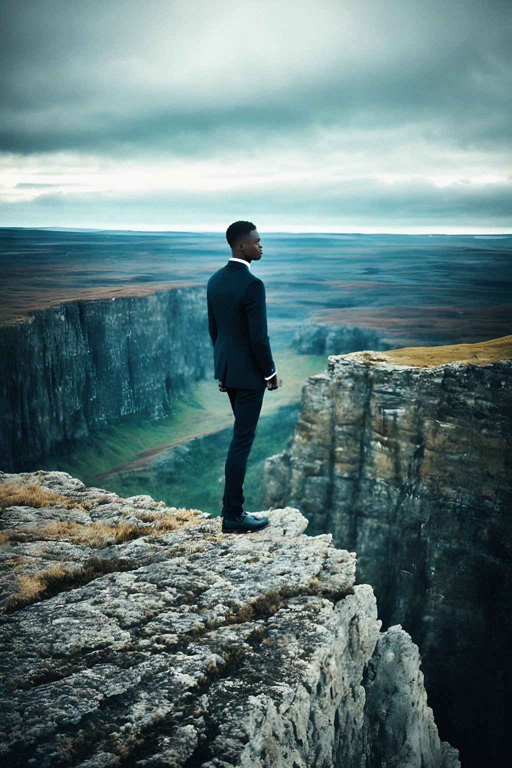 man standing on a cliff edge, with a vast and dramatic landscape stretching out before them, evoking a sense of freedom and exploration