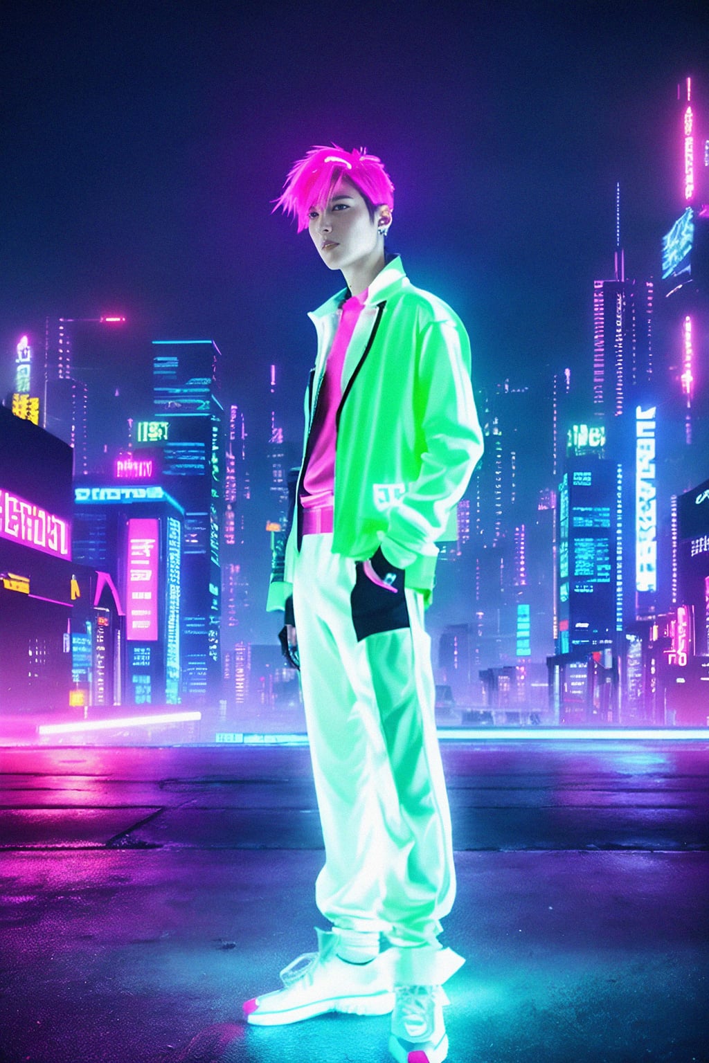 cyberpunk man with futuristic cyberpunk neon clothes standing in cyberpunk city with neon lights city on Mars in future, neon billboards, skyscrapers