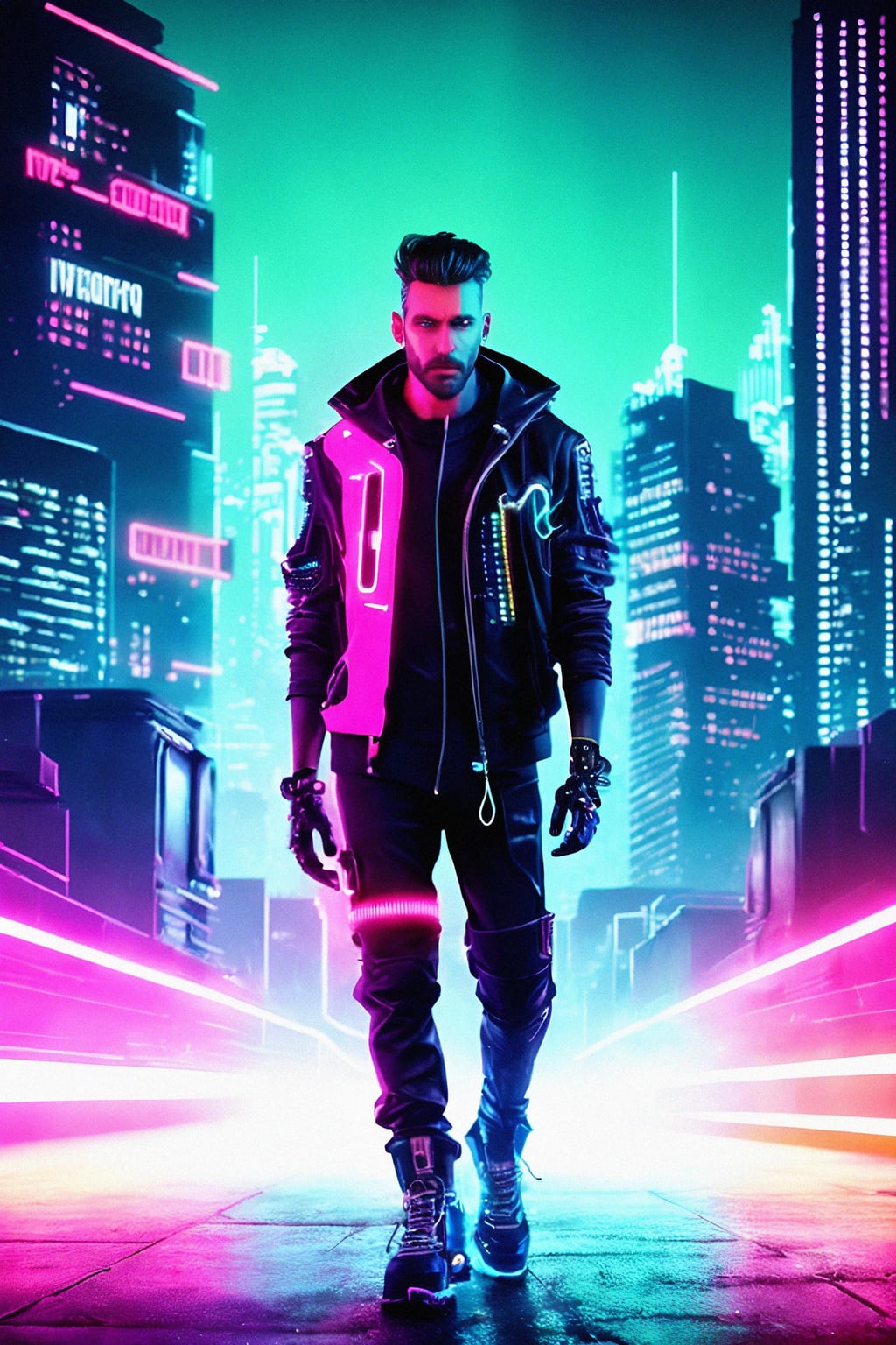 cyberpunk man with futuristic cyberpunk neon clothes standing in cyberpunk city with neon lights city on Mars in future, neon billboards, skyscrapers