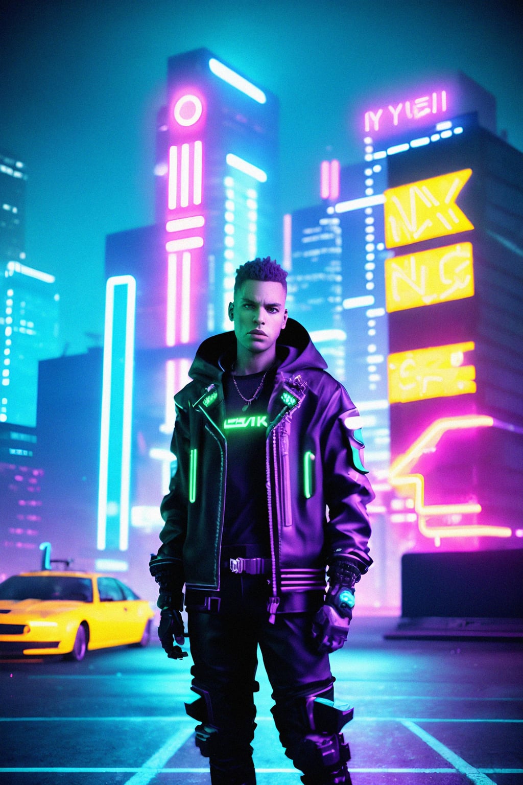 cyberpunk man with futuristic cyberpunk neon clothes standing in cyberpunk city with neon lights city on Mars in future, neon billboards, skyscrapers