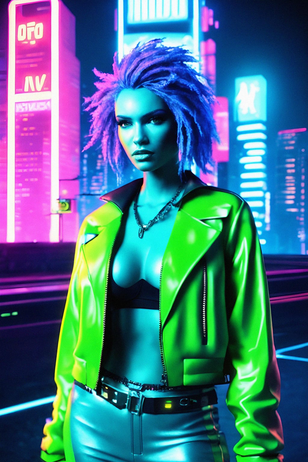 cyberpunk woman with futuristic cyberpunk neon clothes standing in cyberpunk city with neon lights city on Mars in future, neon billboards, skyscrapers