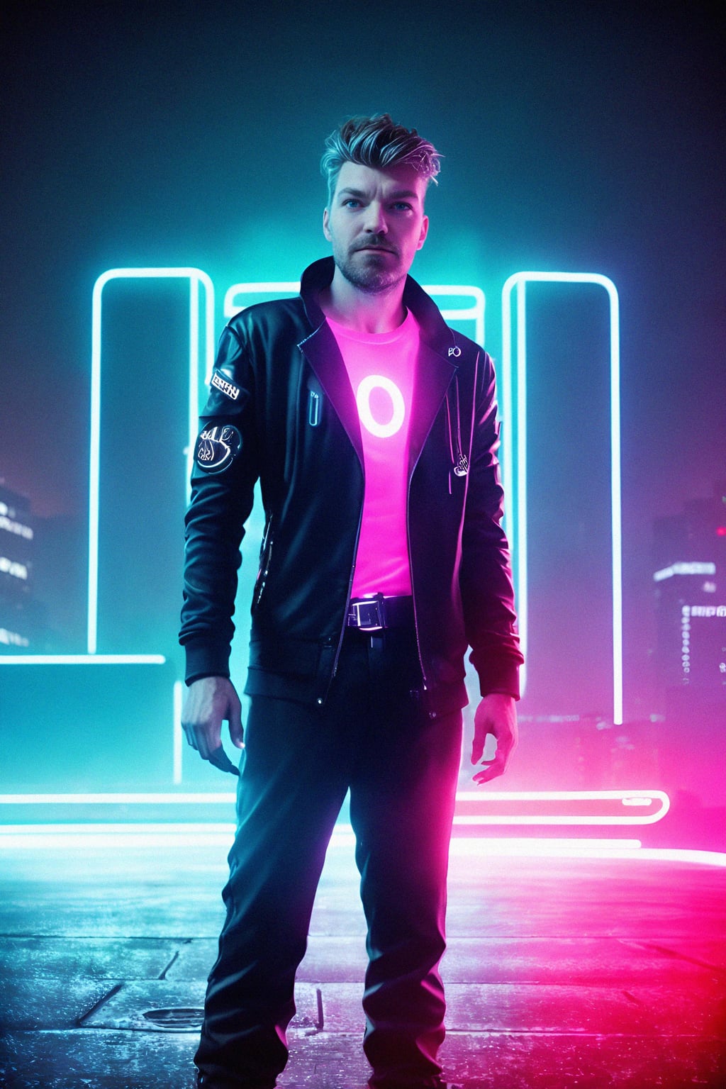 cyberpunk man with futuristic cyberpunk neon clothes standing in cyberpunk city with neon lights city on Mars in future, neon billboards, skyscrapers