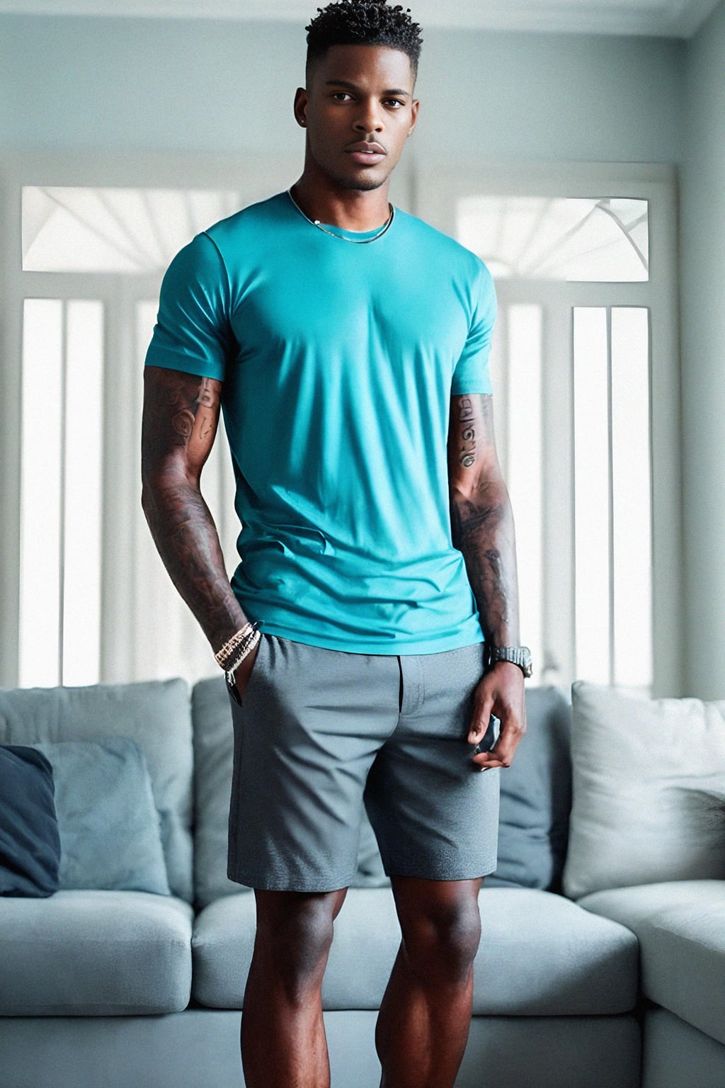 a man wearing  shirt and shorts in luxury villa living room, instagram photo, instagram,  fit body
