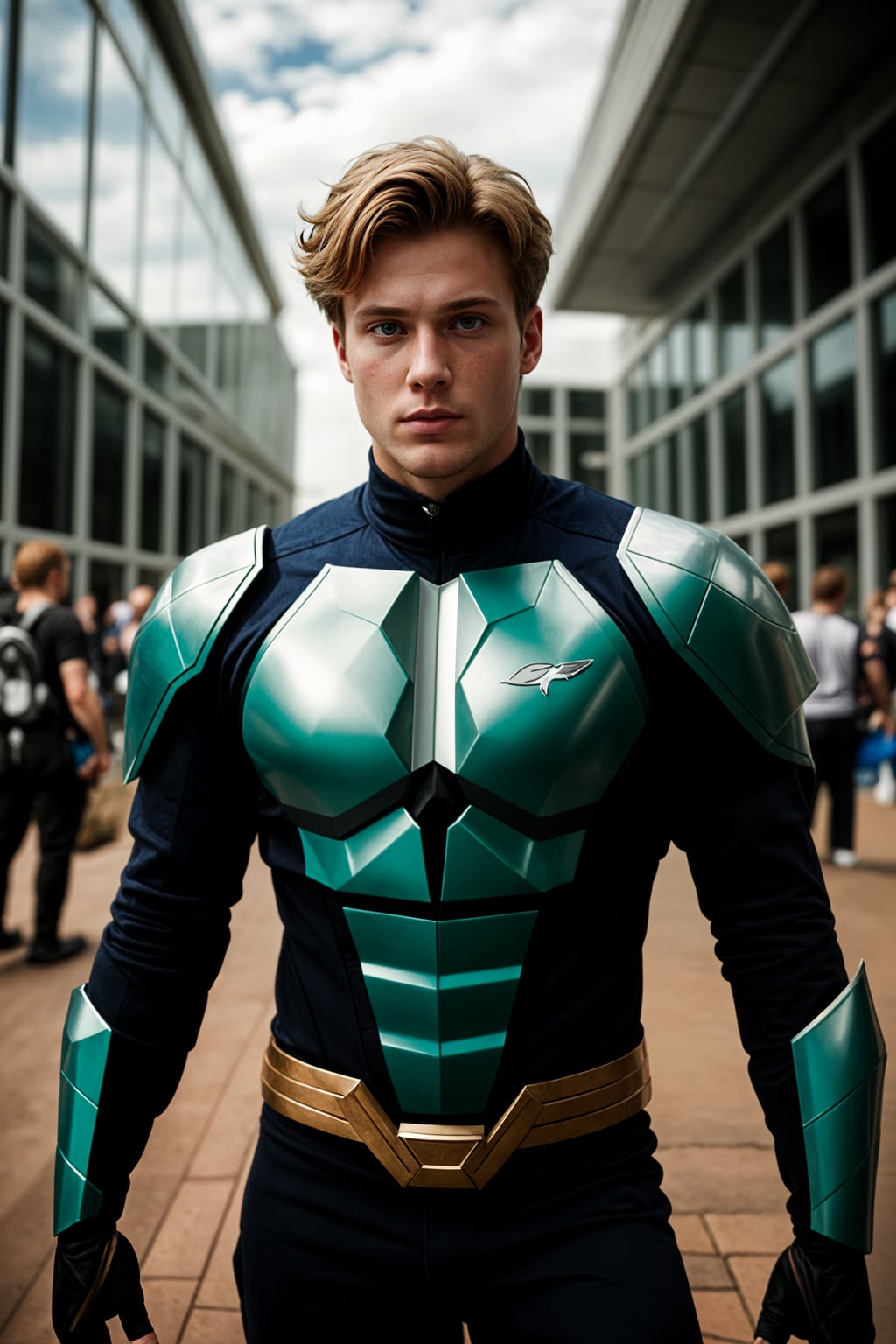 cosplayer man as cosplay convention, outdoors at expo building