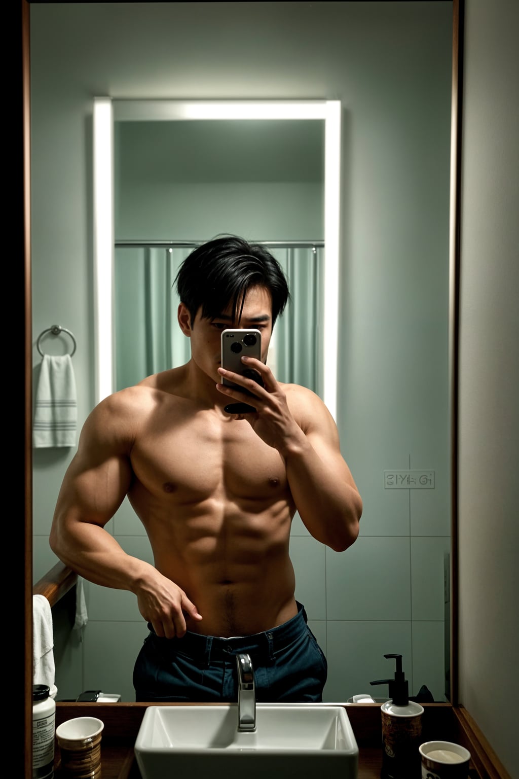 beautiful man taking a selfie in bathroom mirror
