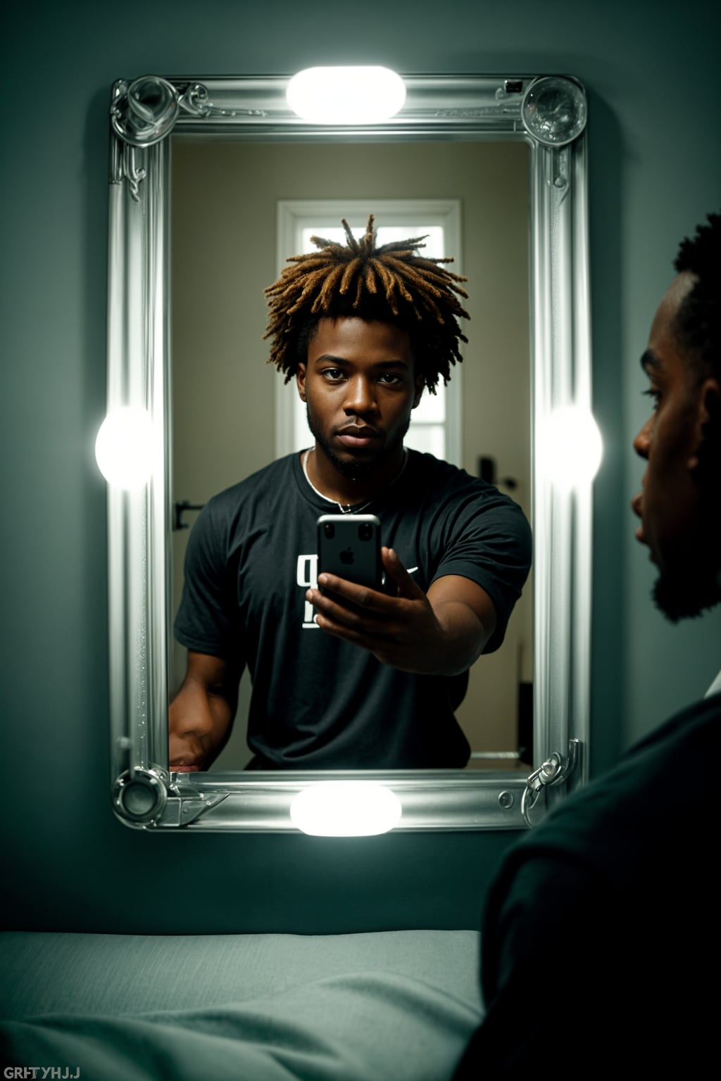 beautiful man taking a selfie in bedroom mirror