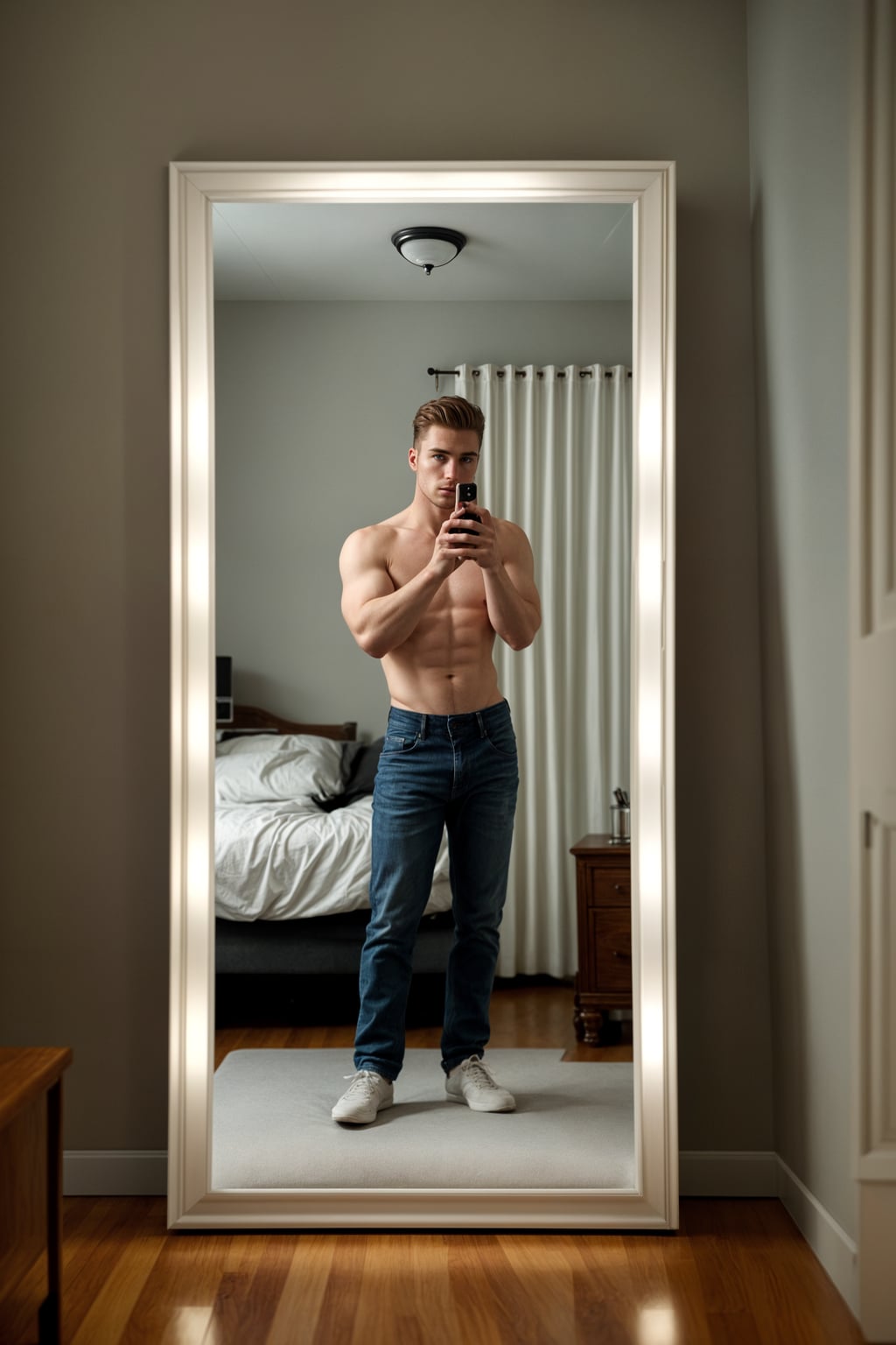 beautiful man taking a selfie in bedroom mirror