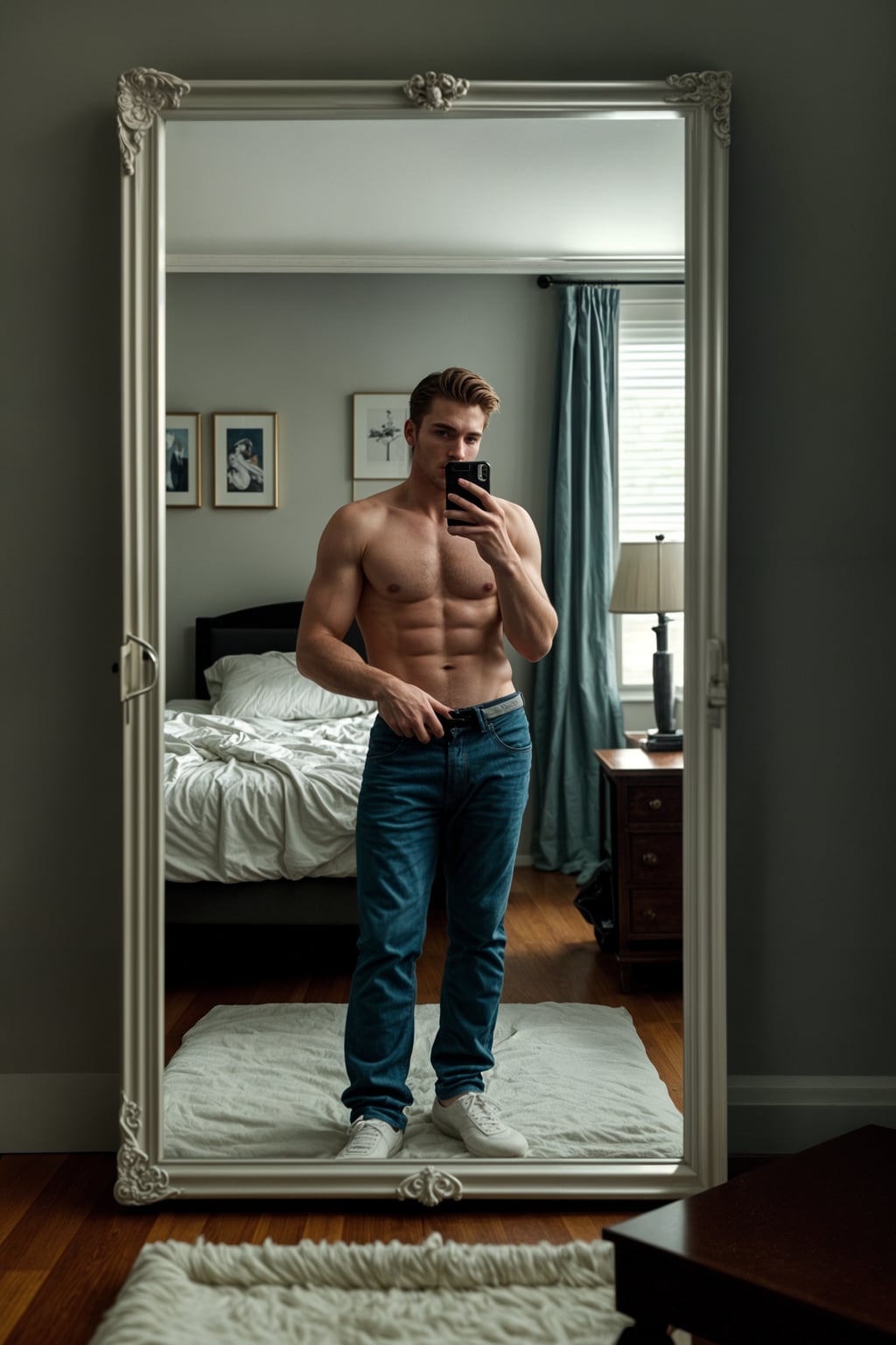 beautiful man taking a selfie in bedroom mirror