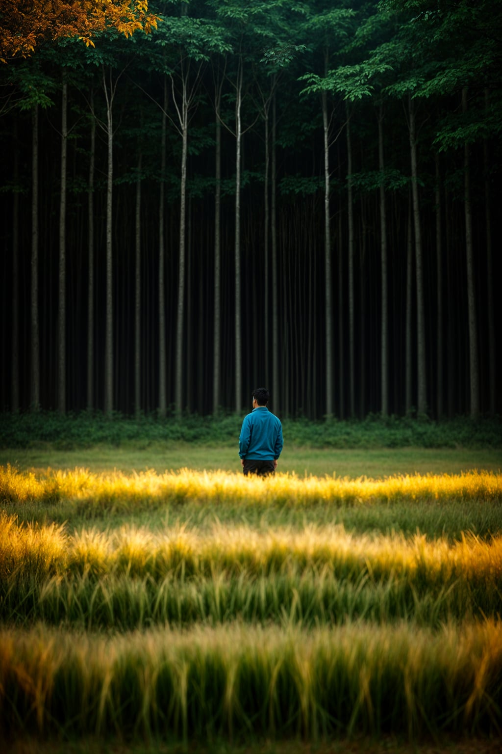 man outside in nature in forest or jungle or a field of wheat enjoying the natural world