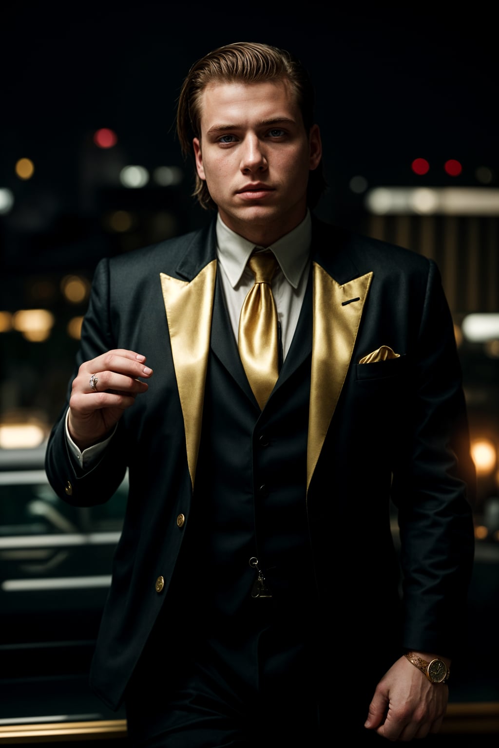 beautiful man as a mobster, mafia, mafia outfit, tailored suits, chunky gold jewelry, mafia aesthetic, flashy, glamorous, luxury, loud, Goodfellas, The Sopranos, Mob Wives, opulence, confidence