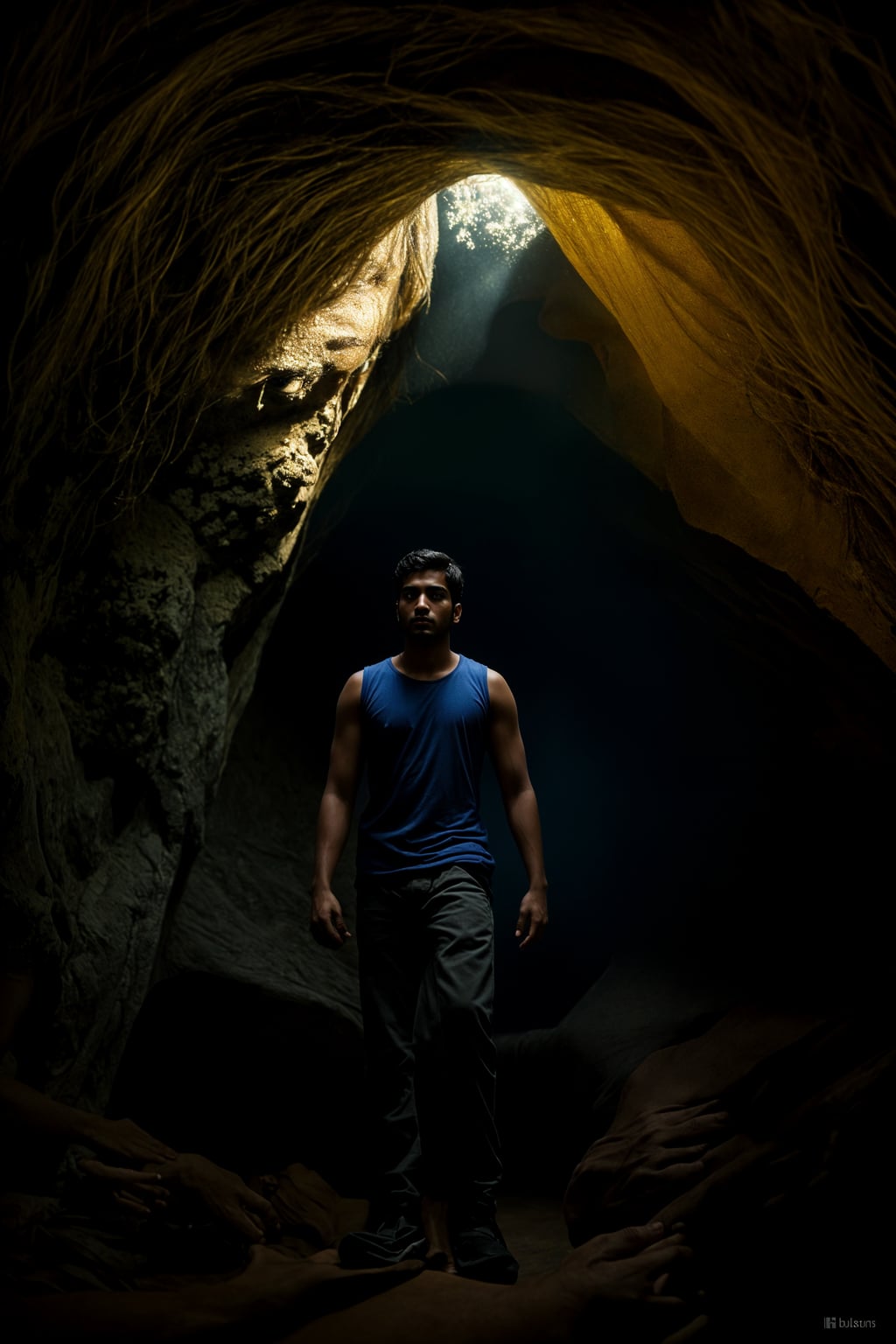 man as individual hiking through an impressive cave system