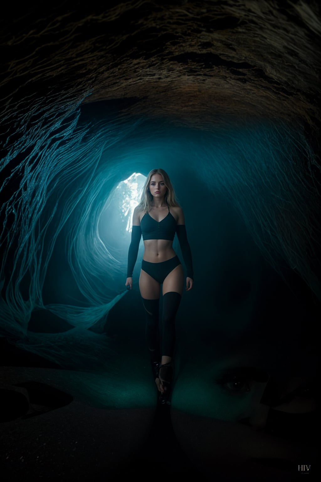 woman as individual hiking through an impressive cave system