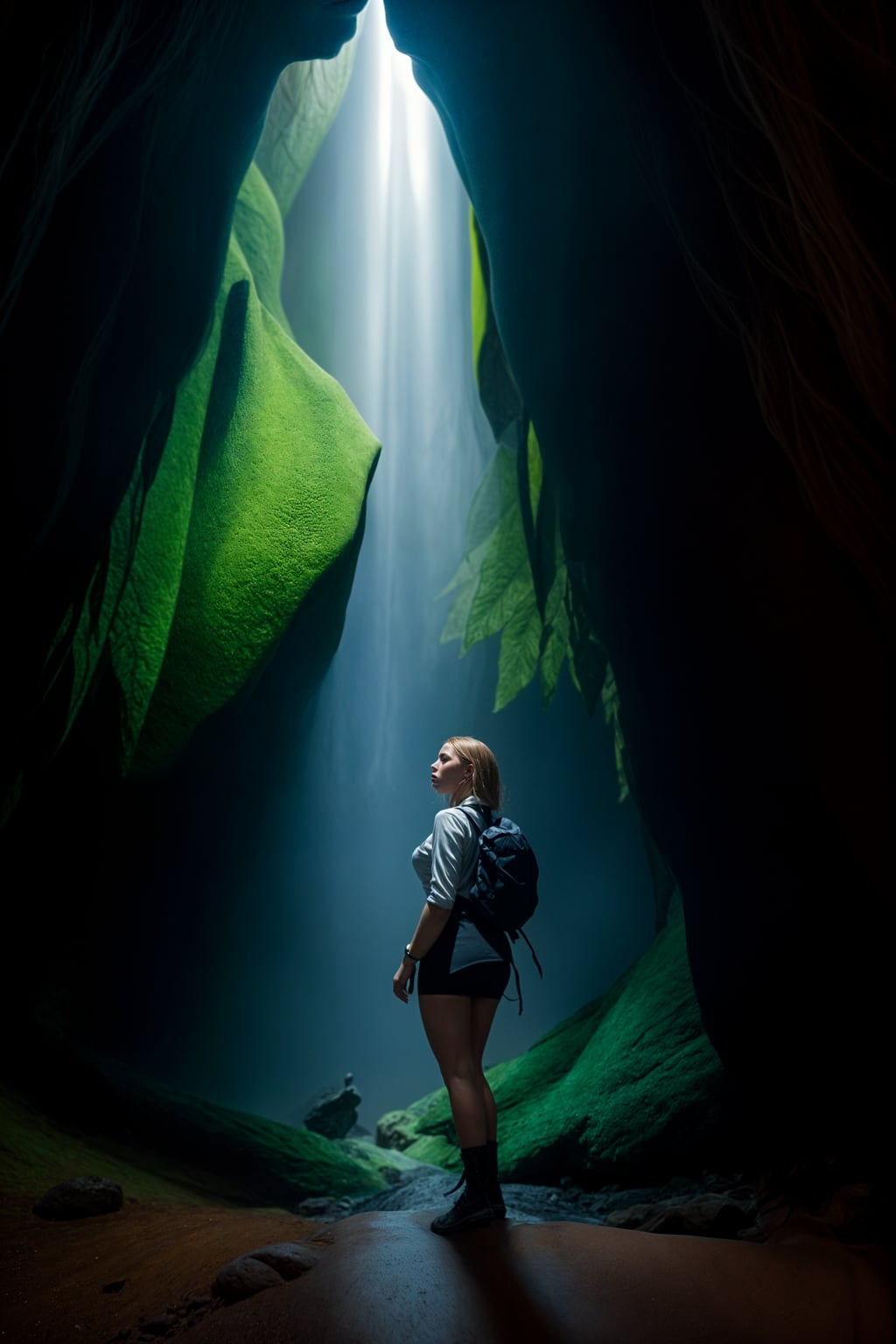 woman as individual hiking through an impressive cave system