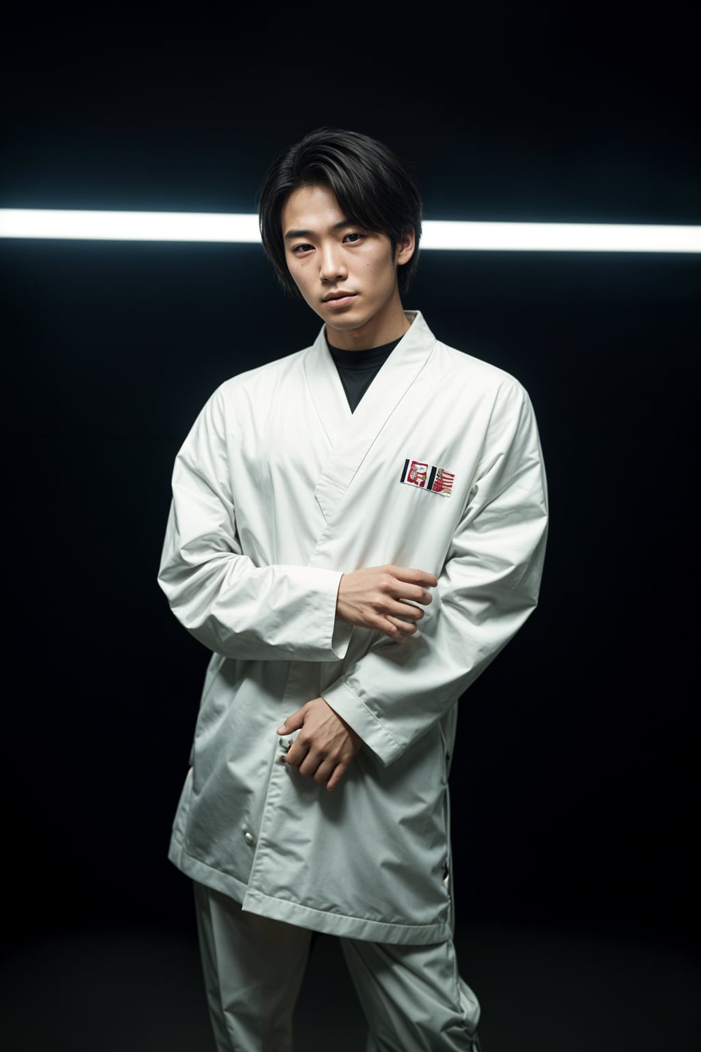 Korean man (with black hair) (as korean kpop k-pop idol) posing for photo, wearing Korean clothes, Korean fashion, Korean fashion, Korean makeup, (in front of solid background)