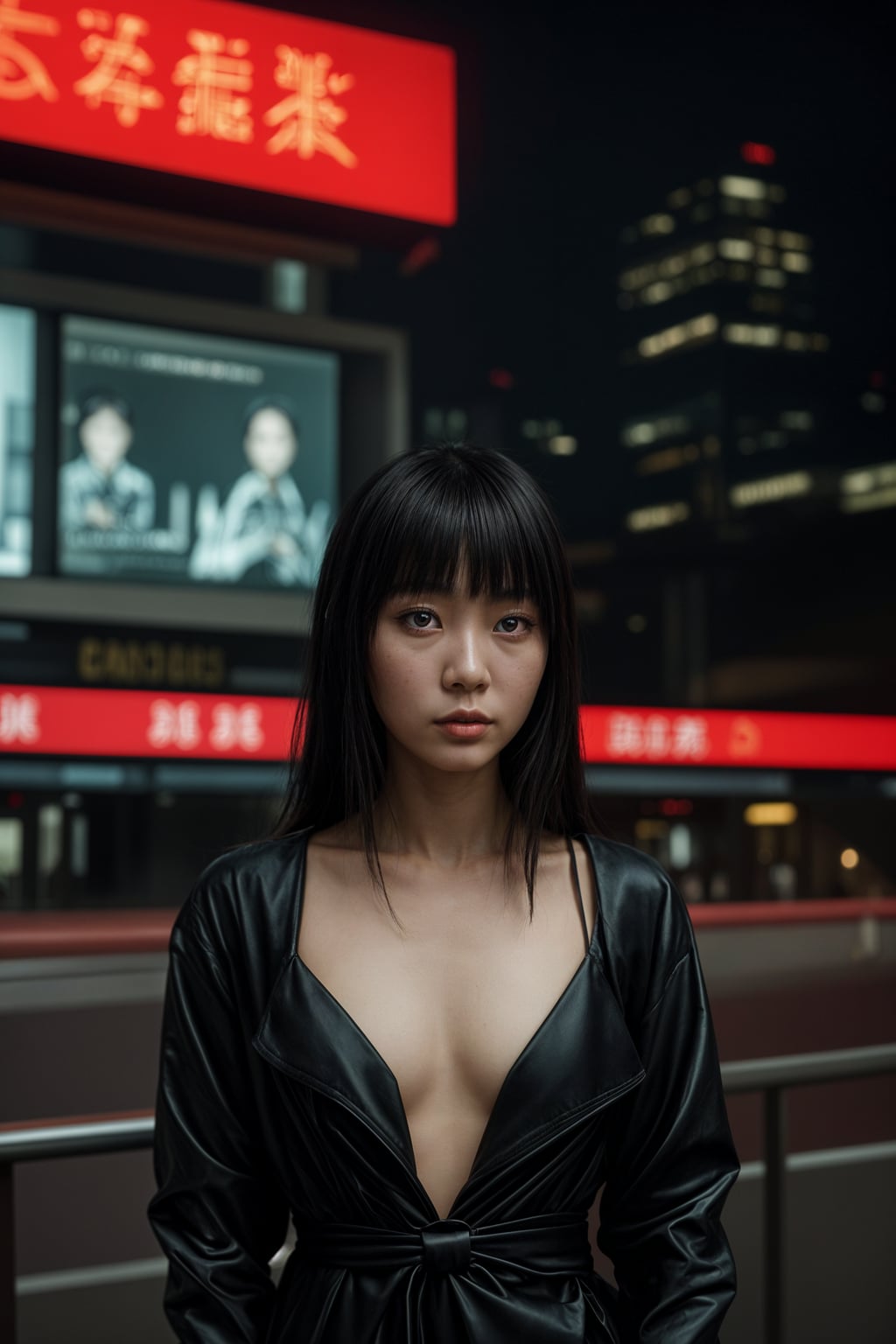 woman in daring, edgy ensemble  against an edgy urban backdrop