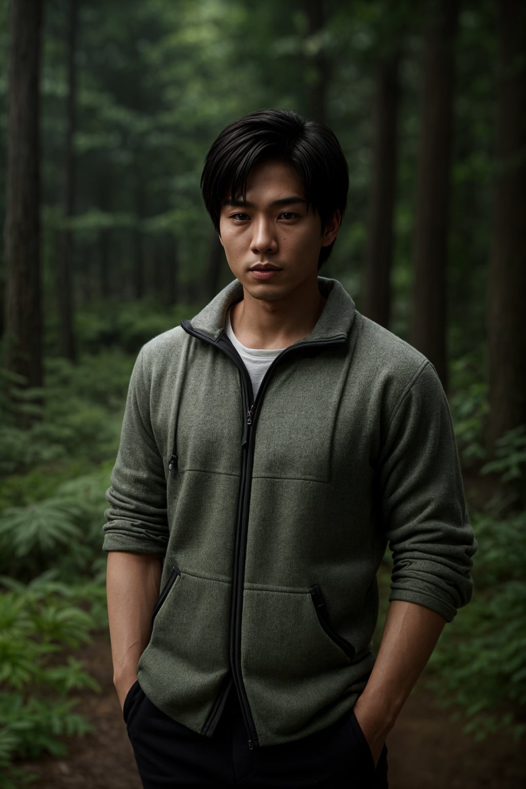 man with enticing allure in  rugged outdoor outfit in a serene forest setting