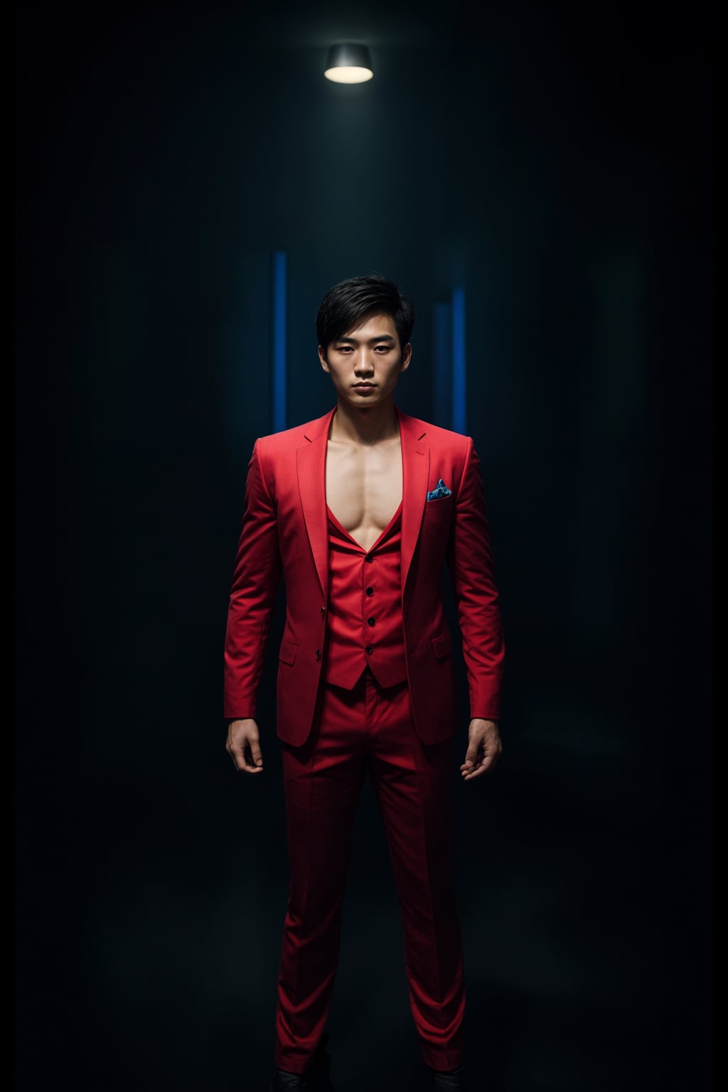 man wearing  (red suit) in night club neon lights
