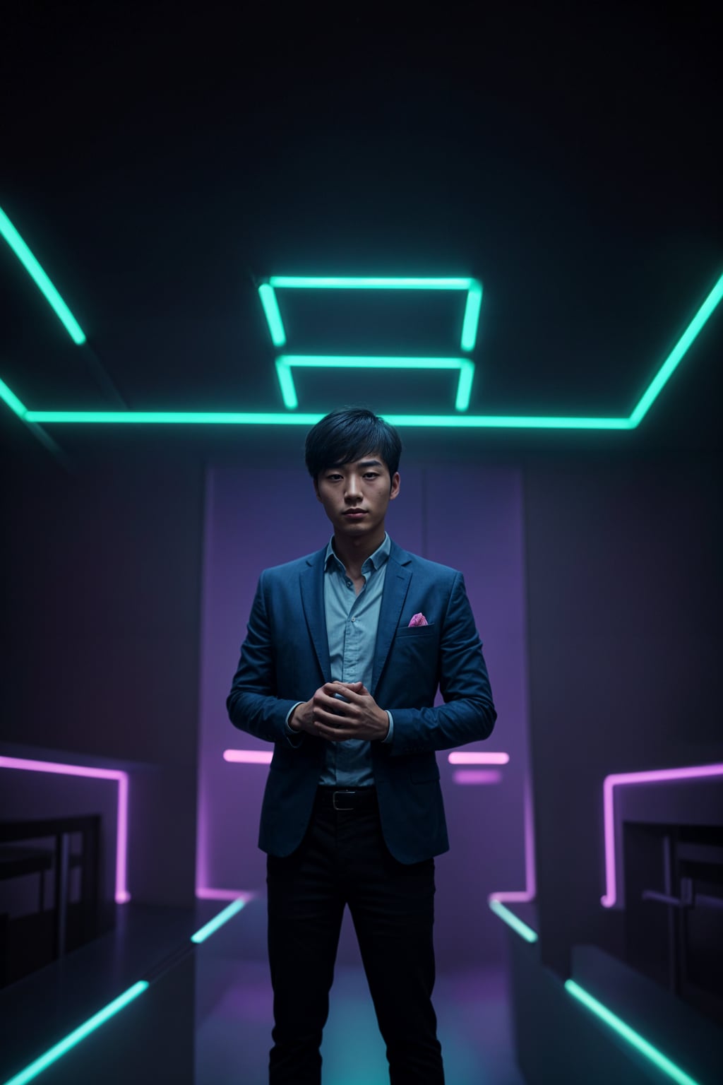man wearing  smart casual in night club with neon lights