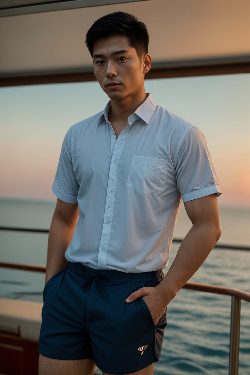 man wearing  shirt and swim shorts at an exclusive yacht party sunset, capturing the essence of luxury and opulence