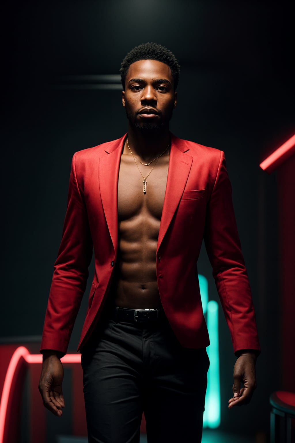 man wearing  (red suit) in night club neon lights
