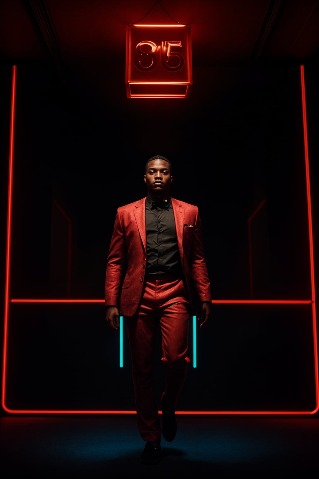 man wearing  (red suit) in night club neon lights