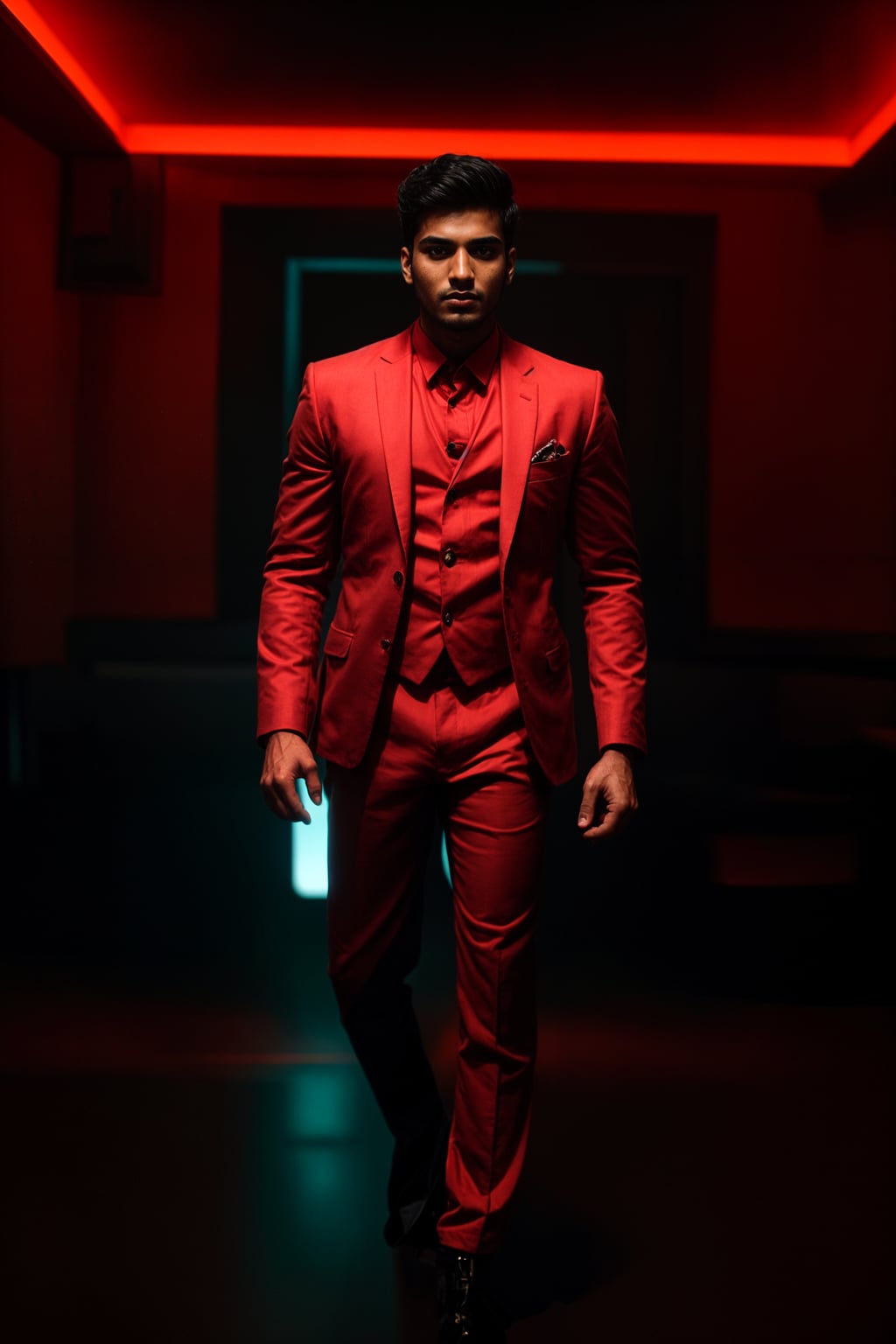man wearing  (red suit) in night club neon lights
