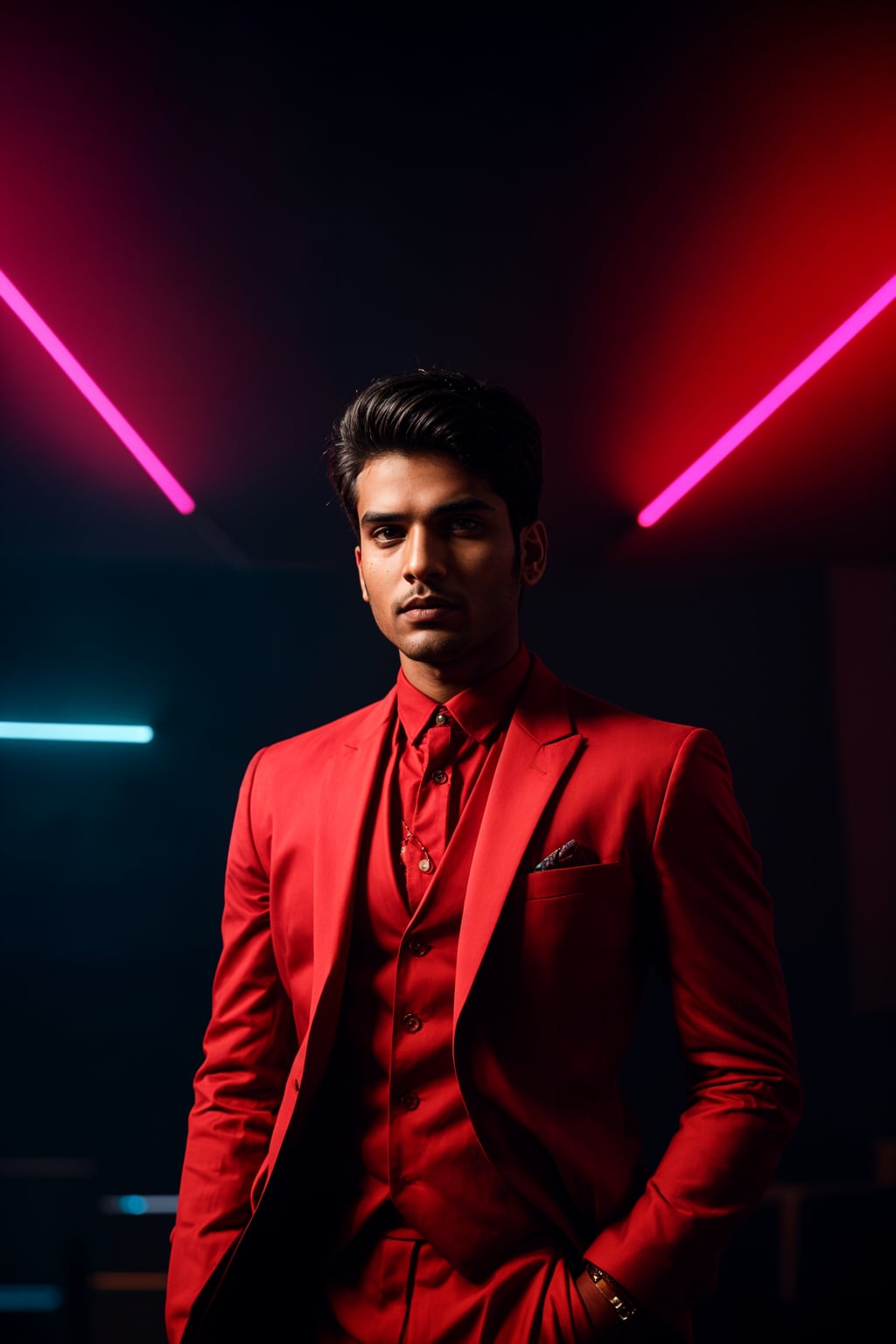 man wearing  (red suit) in night club neon lights