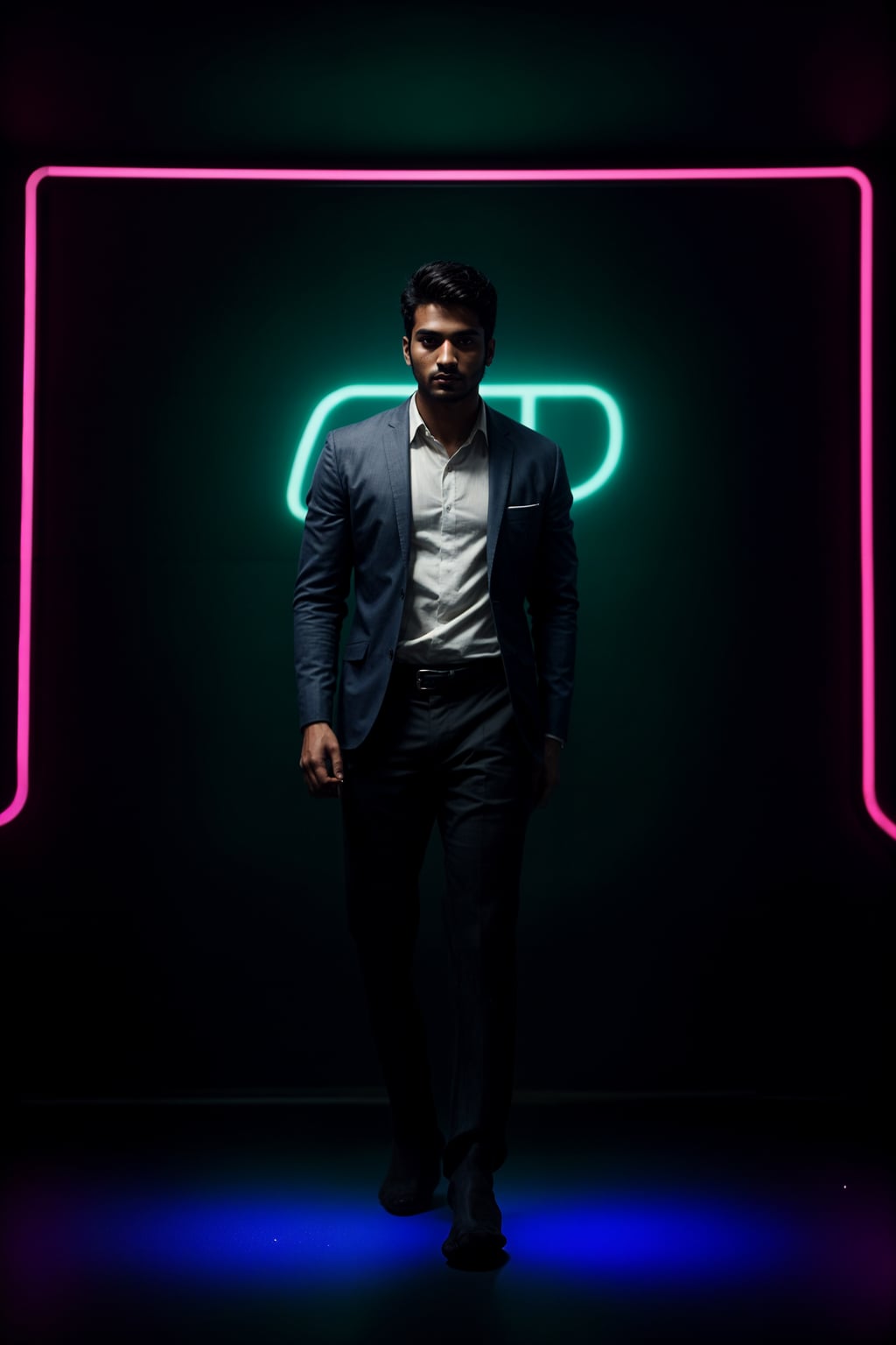 man wearing  smart casual in night club with neon lights