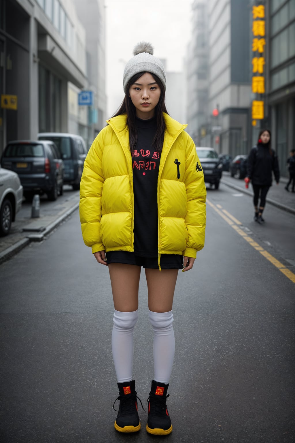 woman wearing gorpcore aesthetic, functional outdoor clothing, bright colored puffer jacket, moonboots, beanie, white wool socks, outerwear, posing for photo in the street