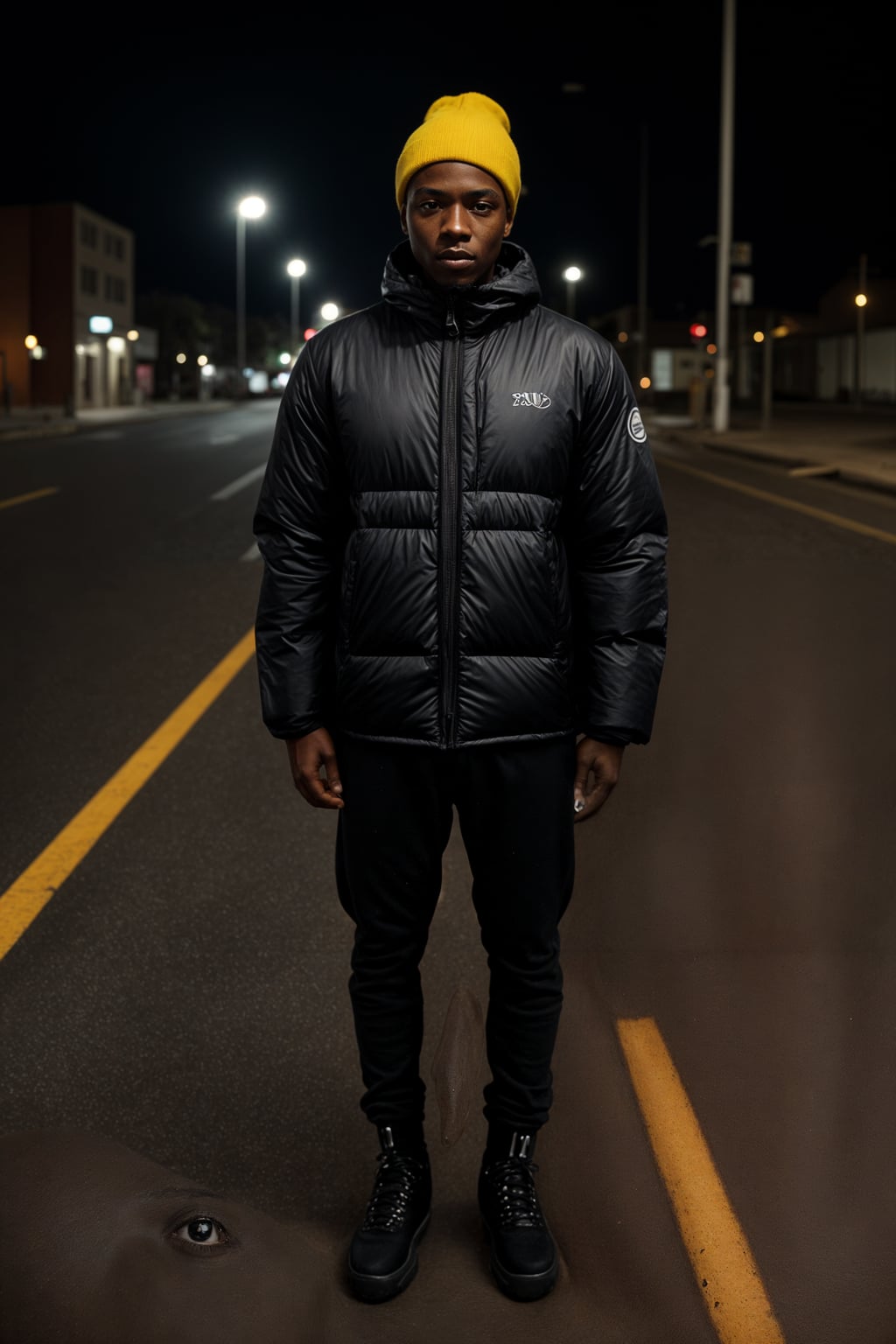 man wearing gorpcore aesthetic, functional outdoor clothing, bright colored puffer jacket, moonboots, beanie, white wool socks, outerwear, posing for photo in the street