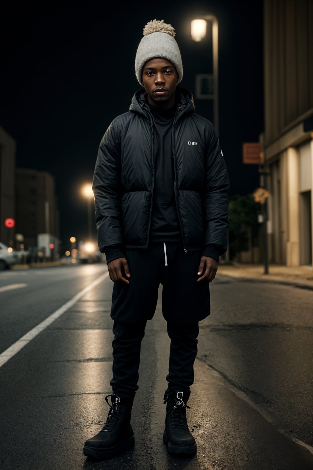 man wearing gorpcore aesthetic, functional outdoor clothing, bright colored puffer jacket, moonboots, beanie, white wool socks, outerwear, posing for photo in the street
