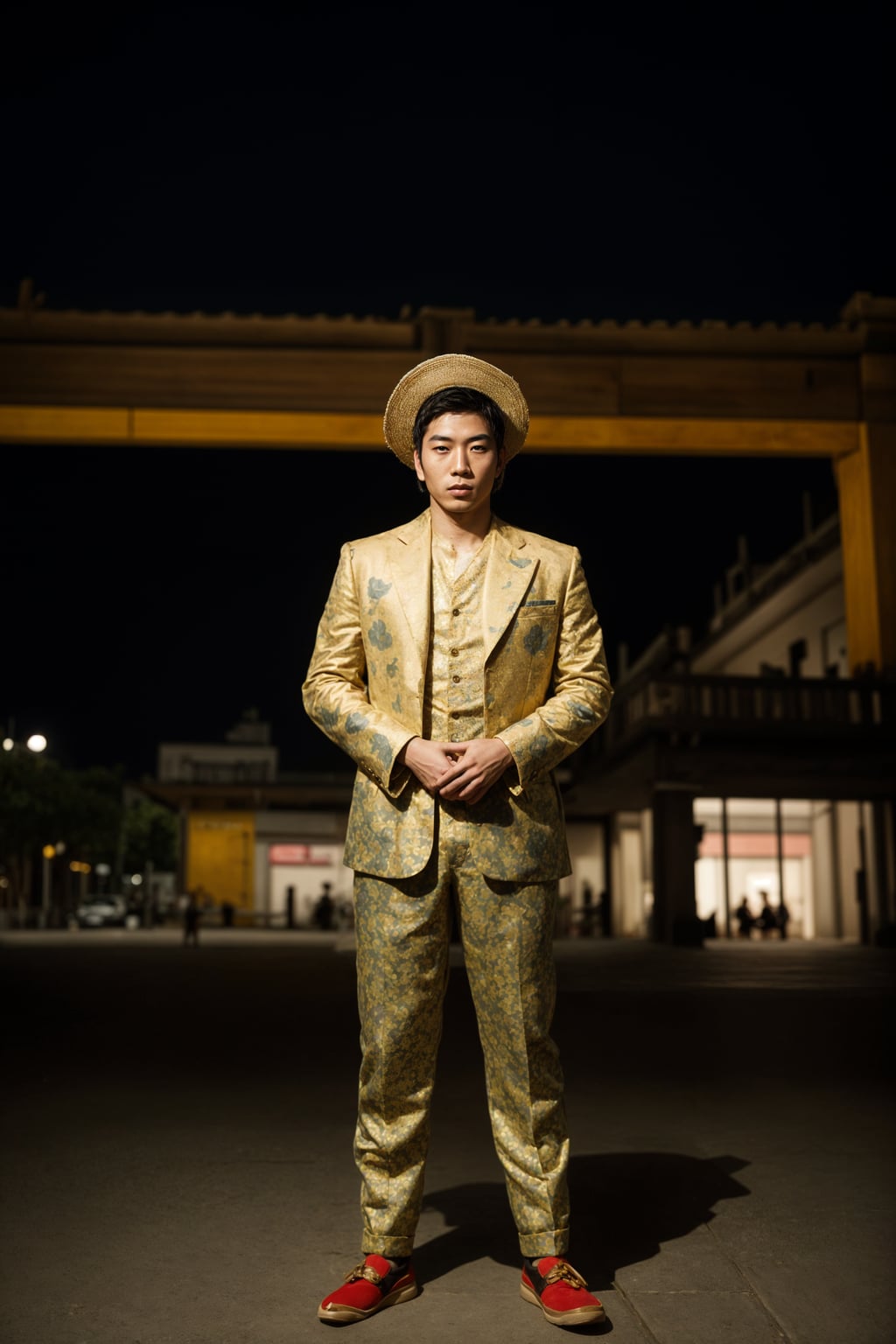 bold and cultural man in Mexico City wearing a traditional charro suit/china poblana, Frida Kahlo Museum in the background