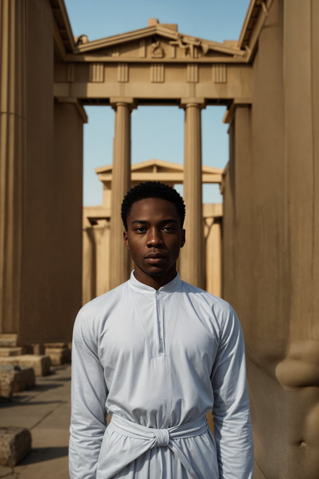 impressive and traditional man in Athens wearing a traditional Evzone uniform/Amalia dress, Parthenon in the background