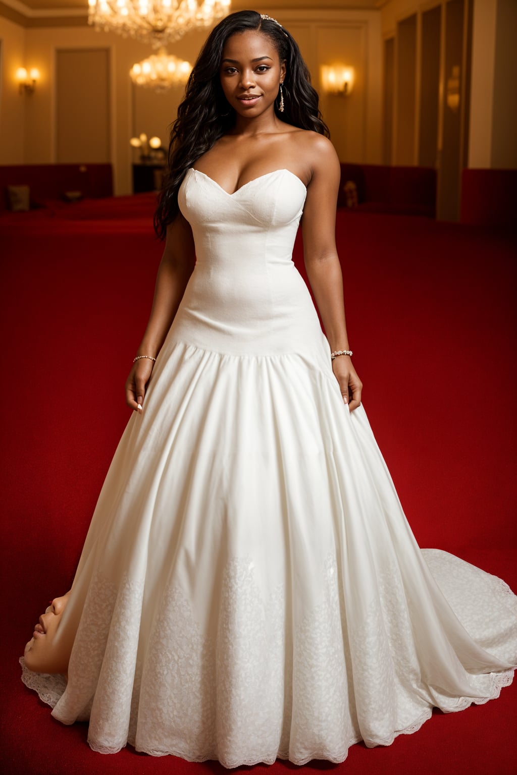 full body shot of smiling woman in wedding photoshoot. Bridal style. Wedding style. Marriage style. Wedding dress . At a glamorous hotel wedding venue.