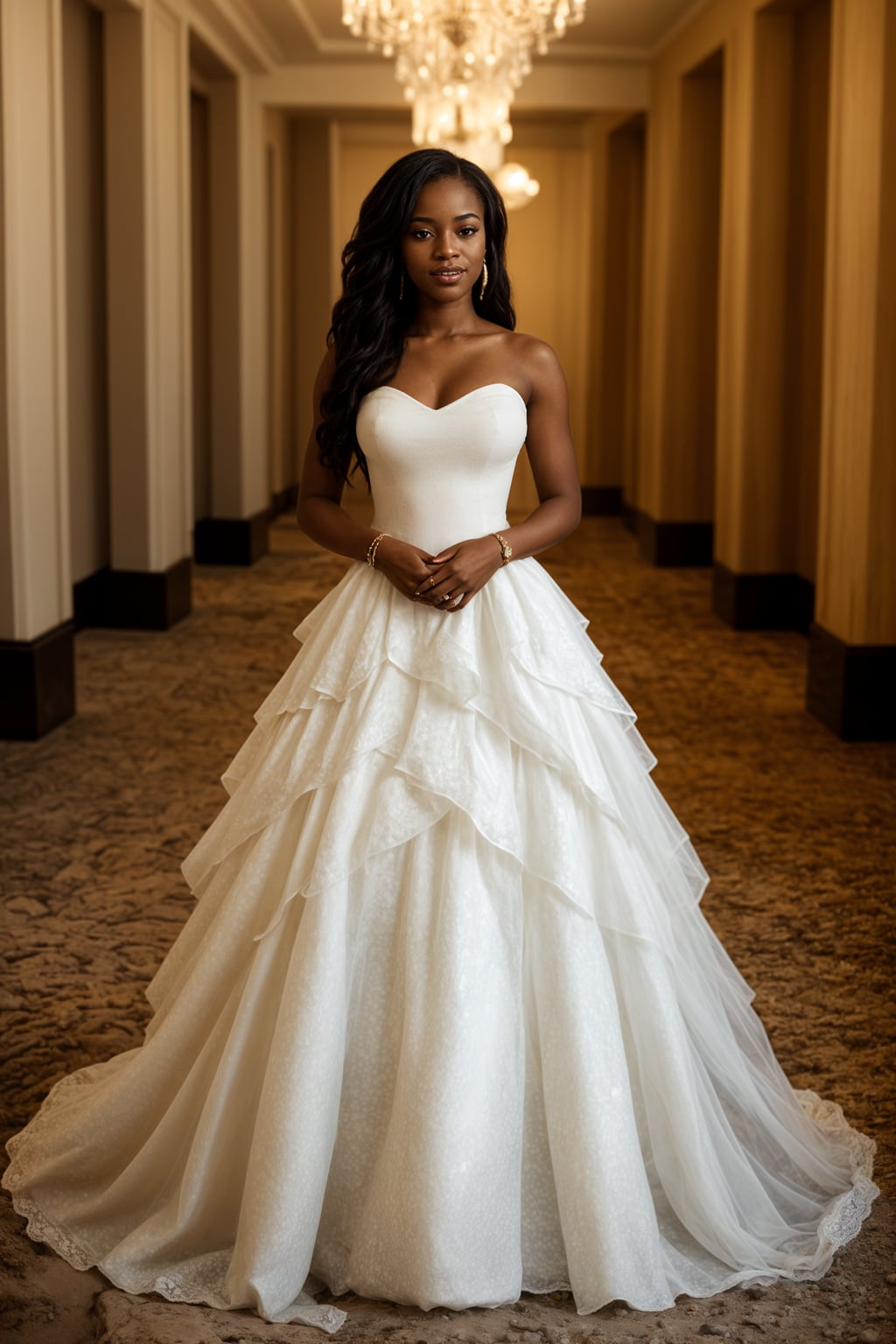 full body shot of smiling woman in wedding photoshoot. Bridal style. Wedding style. Marriage style. Wedding dress . At a glamorous hotel wedding venue.