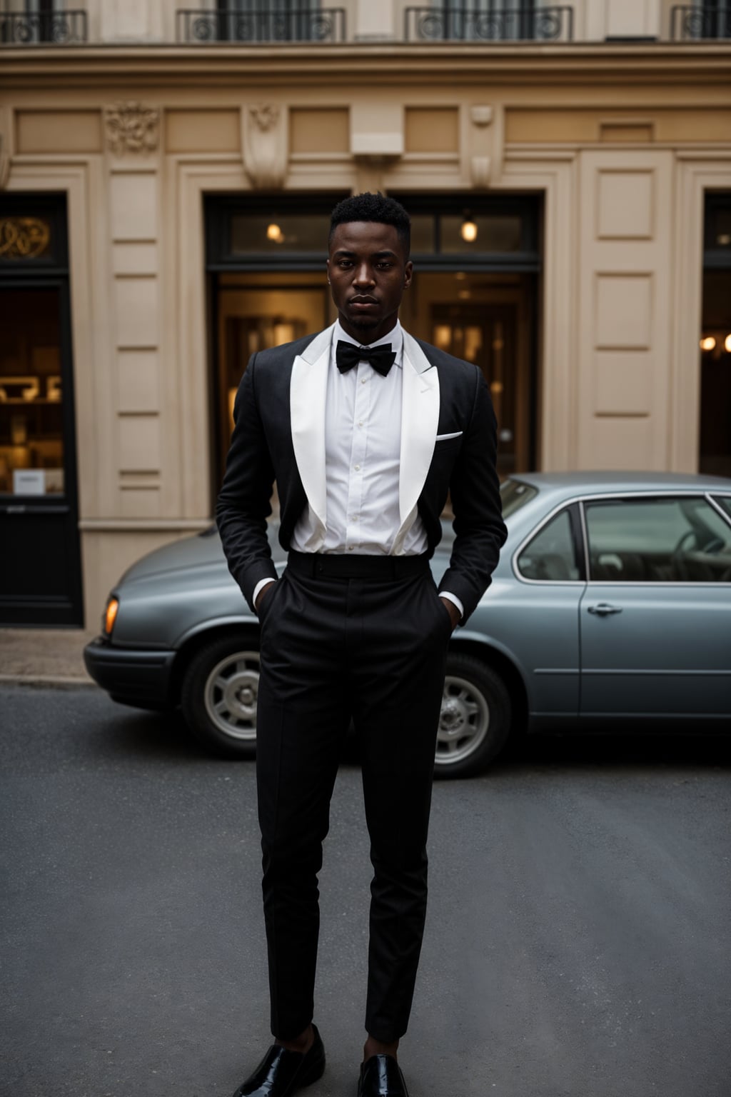 sharp and trendy man in Milan wearing high fashion attire in front of a classic Italian café