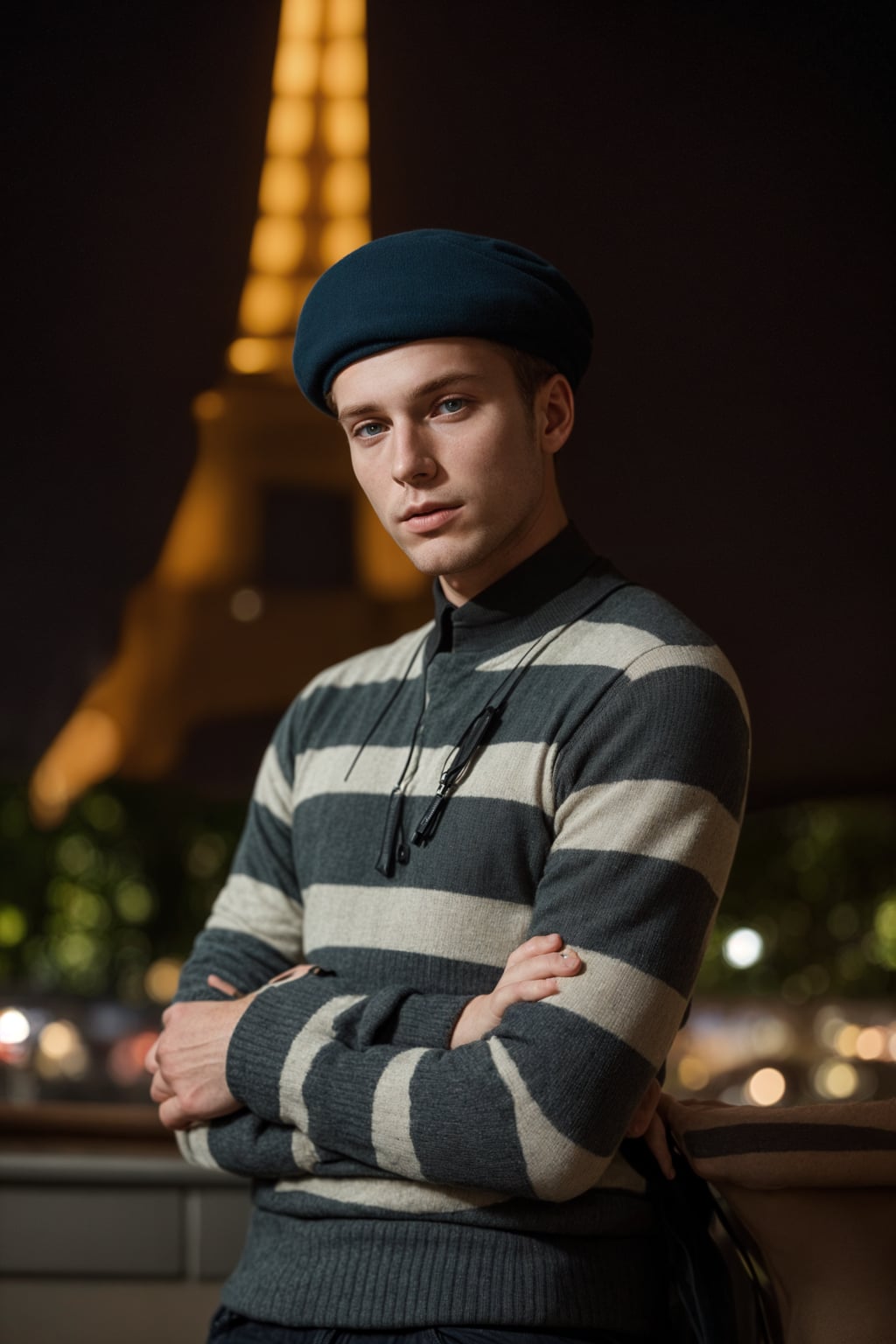 sharp and trendy man in Paris, wearing a beret and striped top, Eiffel Tower in the background